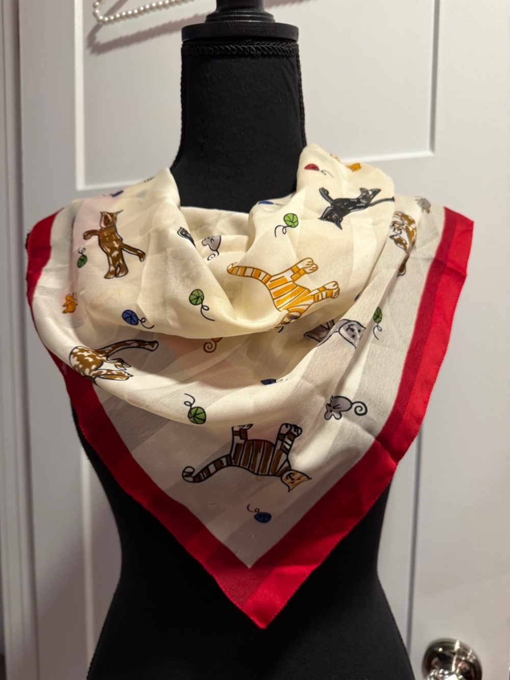 Cream Cat-Print Square Scarf with Red Border